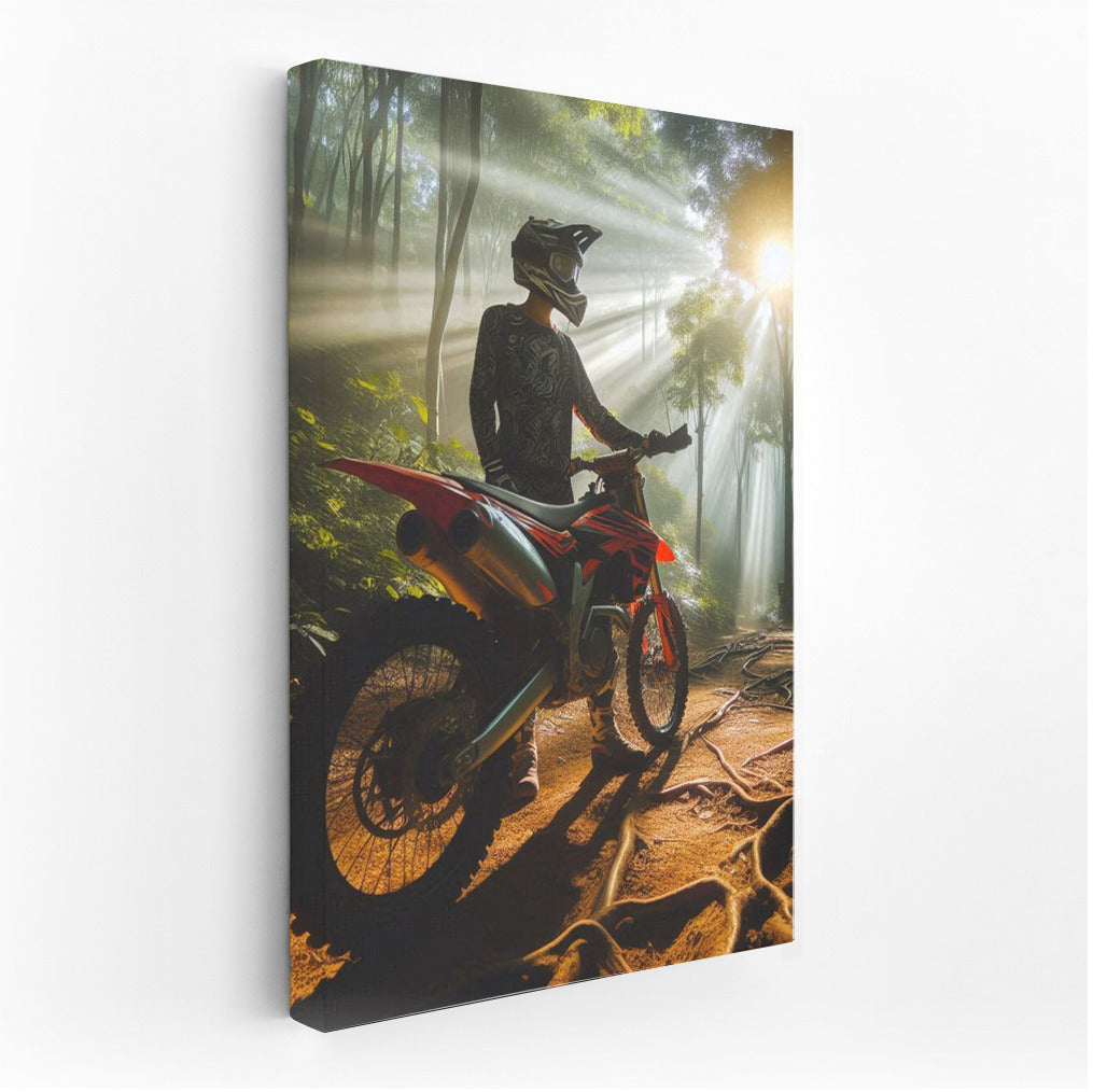 Motocross on the Forest Trail: Sunbeams Through the Trees