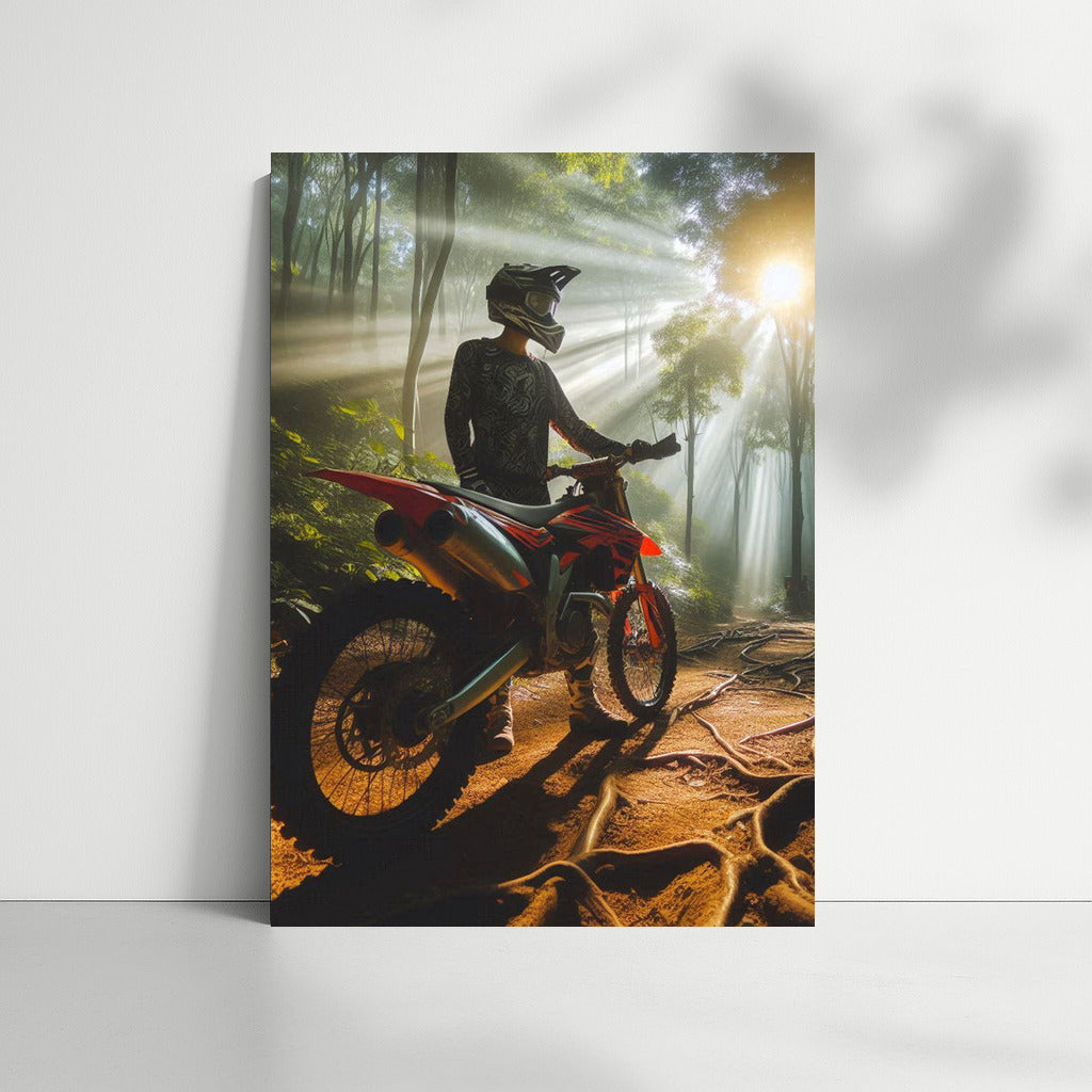 Motocross on the Forest Trail: Sunbeams Through the Trees