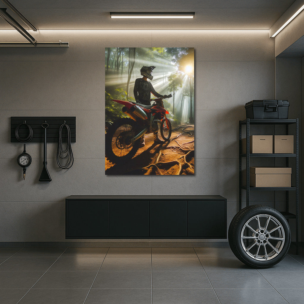 Motocross on the Forest Trail: Sunbeams Through the Trees