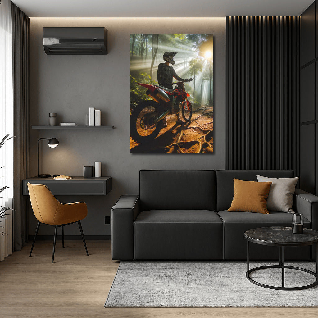 Motocross on the Forest Trail: Sunbeams Through the Trees