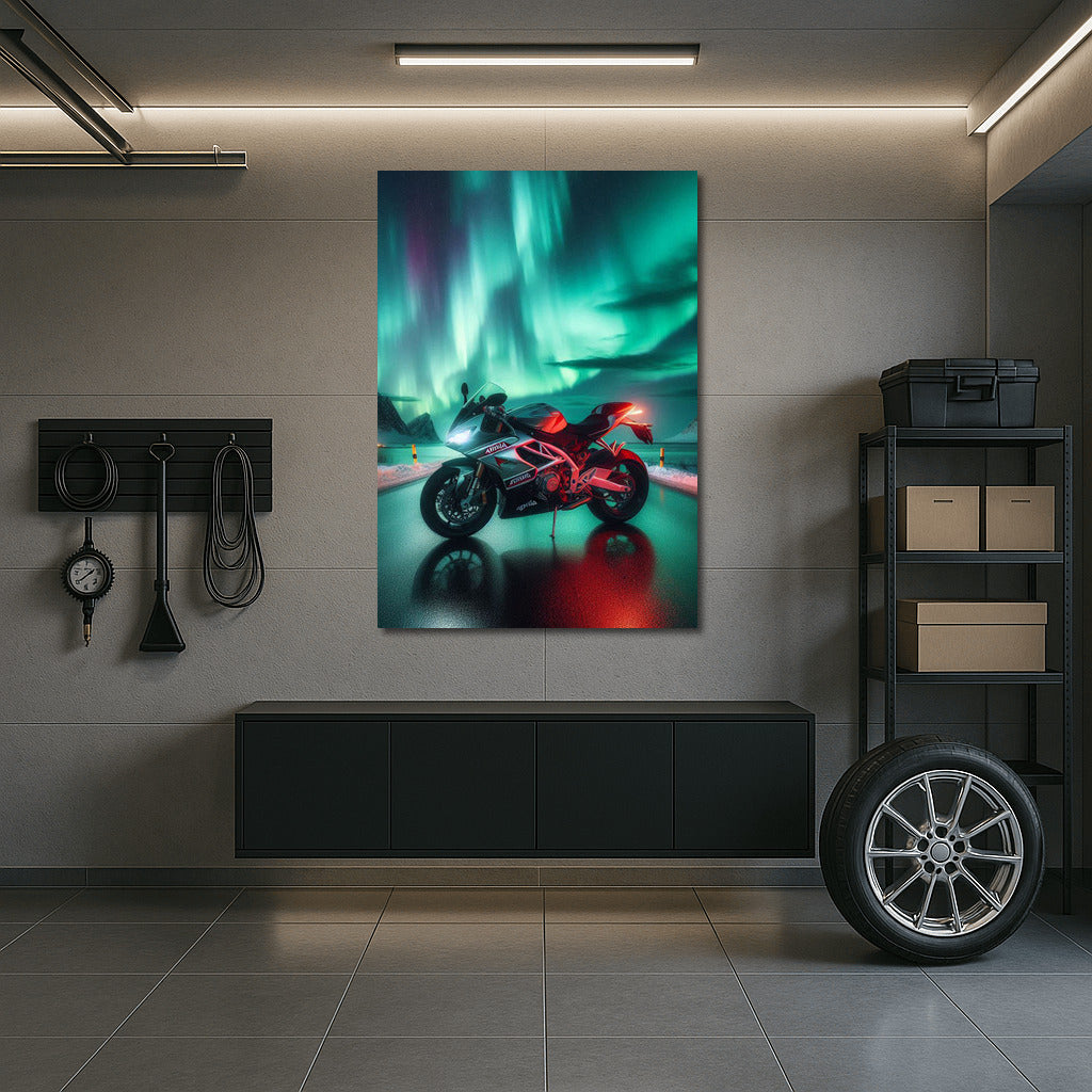 Northern Lights and Aprilia Motorcycle: Speed in the Dance of Nature