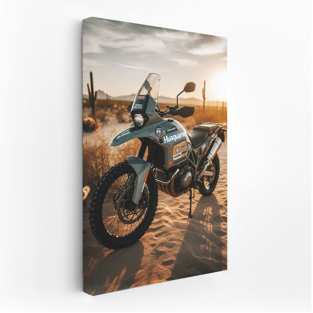Sunset Journey: Husqvarna Motorcycle in the Desert
