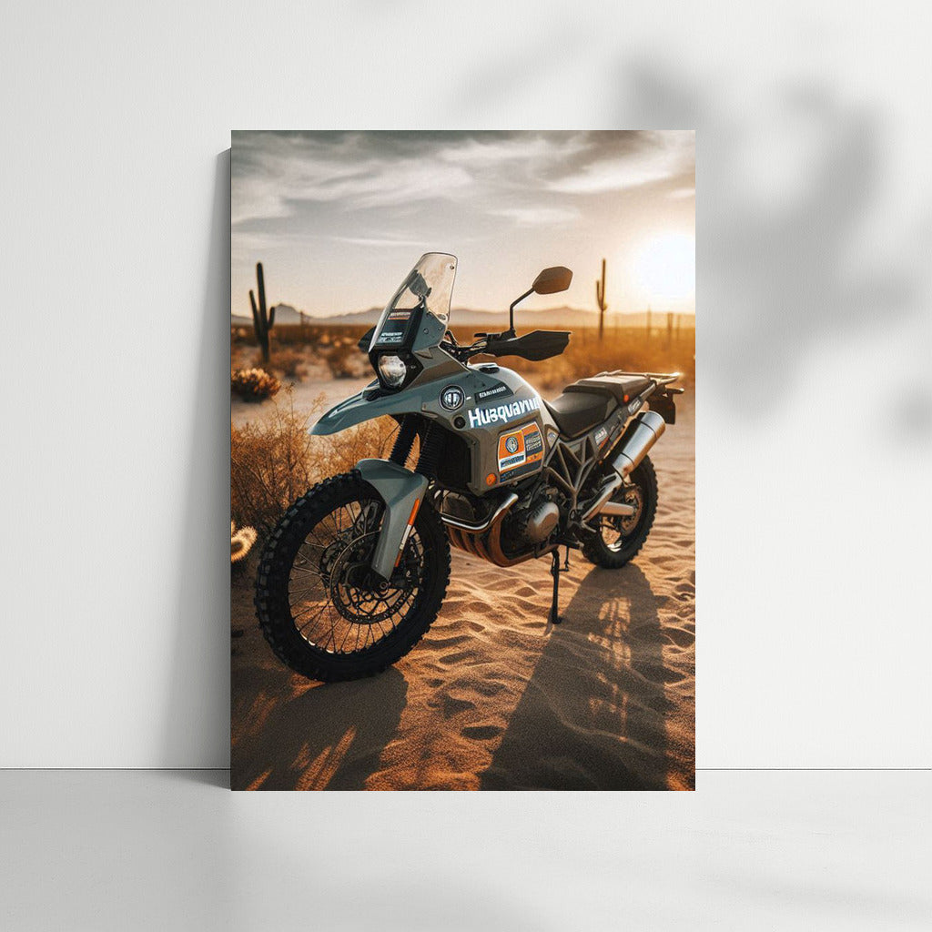 Sunset Journey: Husqvarna Motorcycle in the Desert
