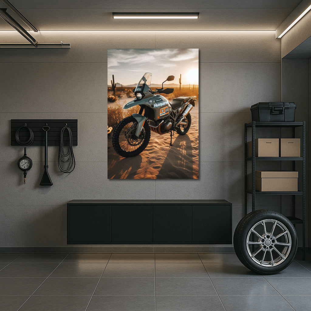Sunset Journey: Husqvarna Motorcycle in the Desert