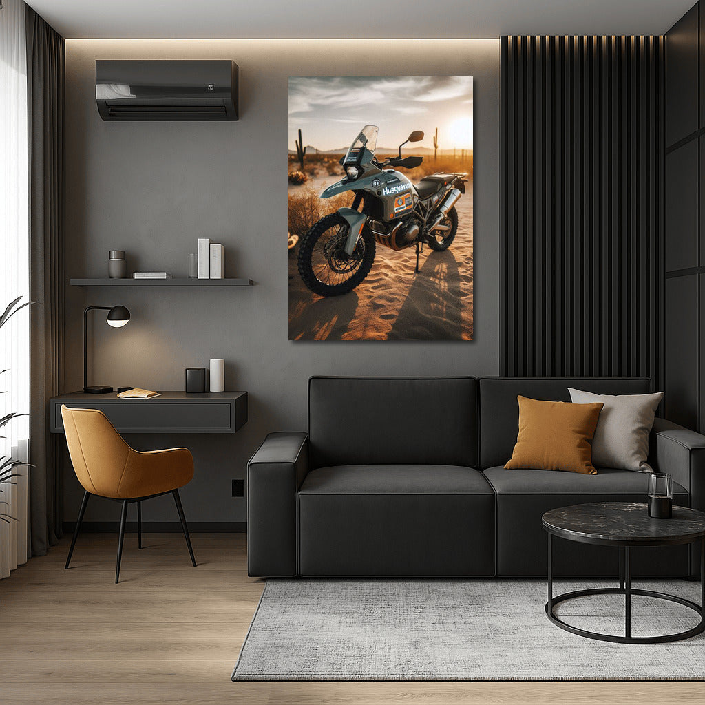 Sunset Journey: Husqvarna Motorcycle in the Desert