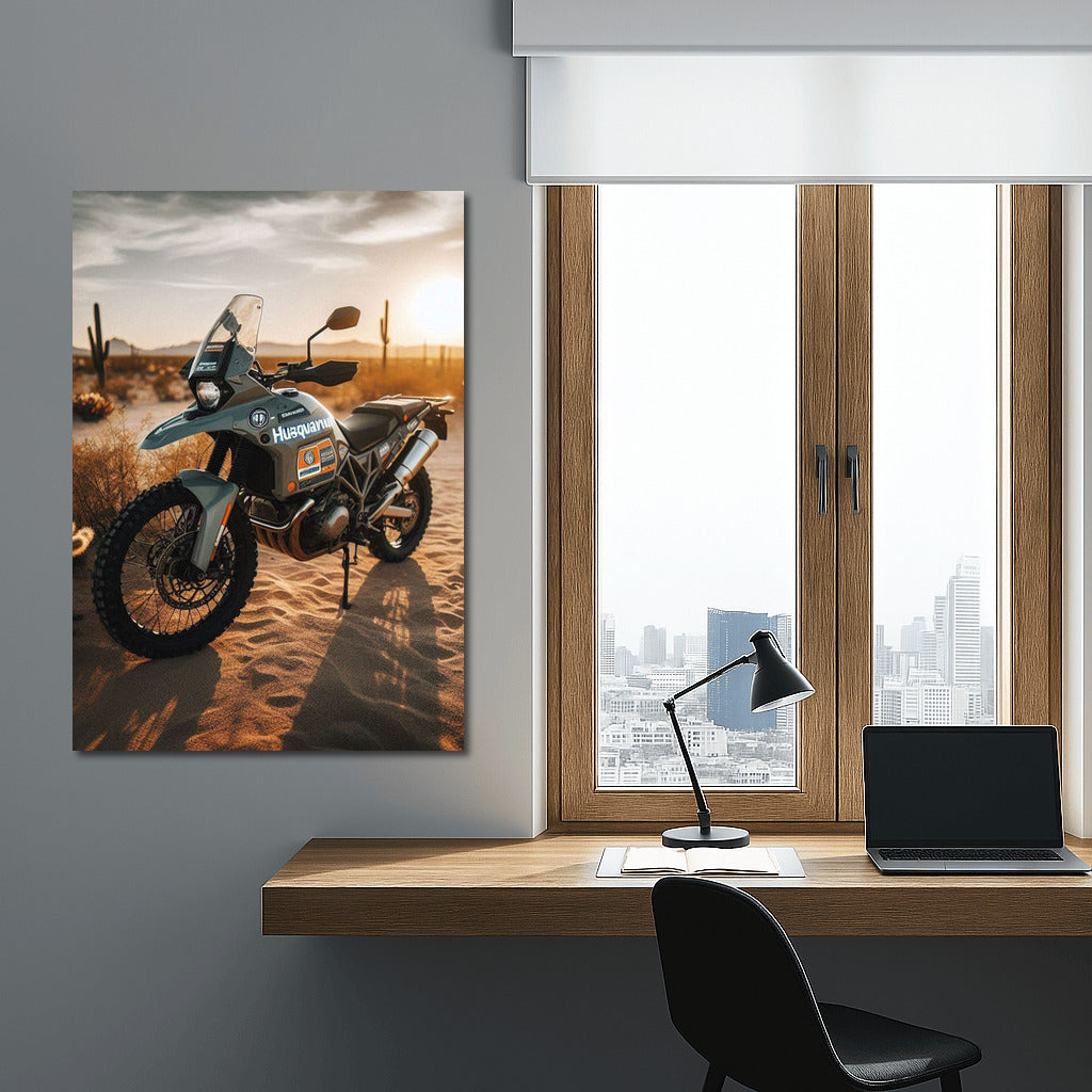Sunset Journey: Husqvarna Motorcycle in the Desert