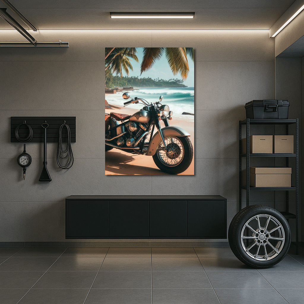 Freedom on an Indian: Motorbike Under the Palms of a Tropical Beach