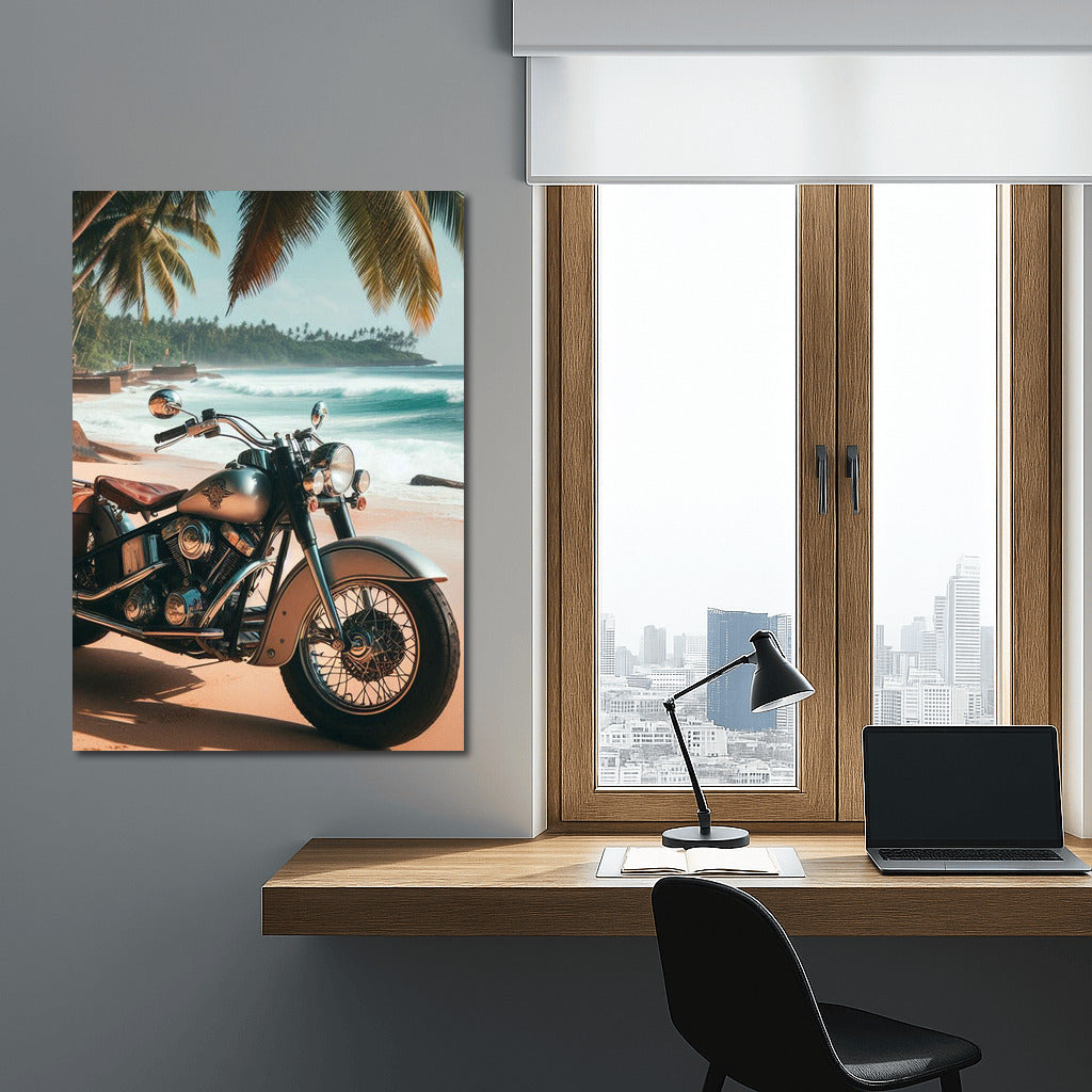 Freedom on an Indian: Motorbike Under the Palms of a Tropical Beach