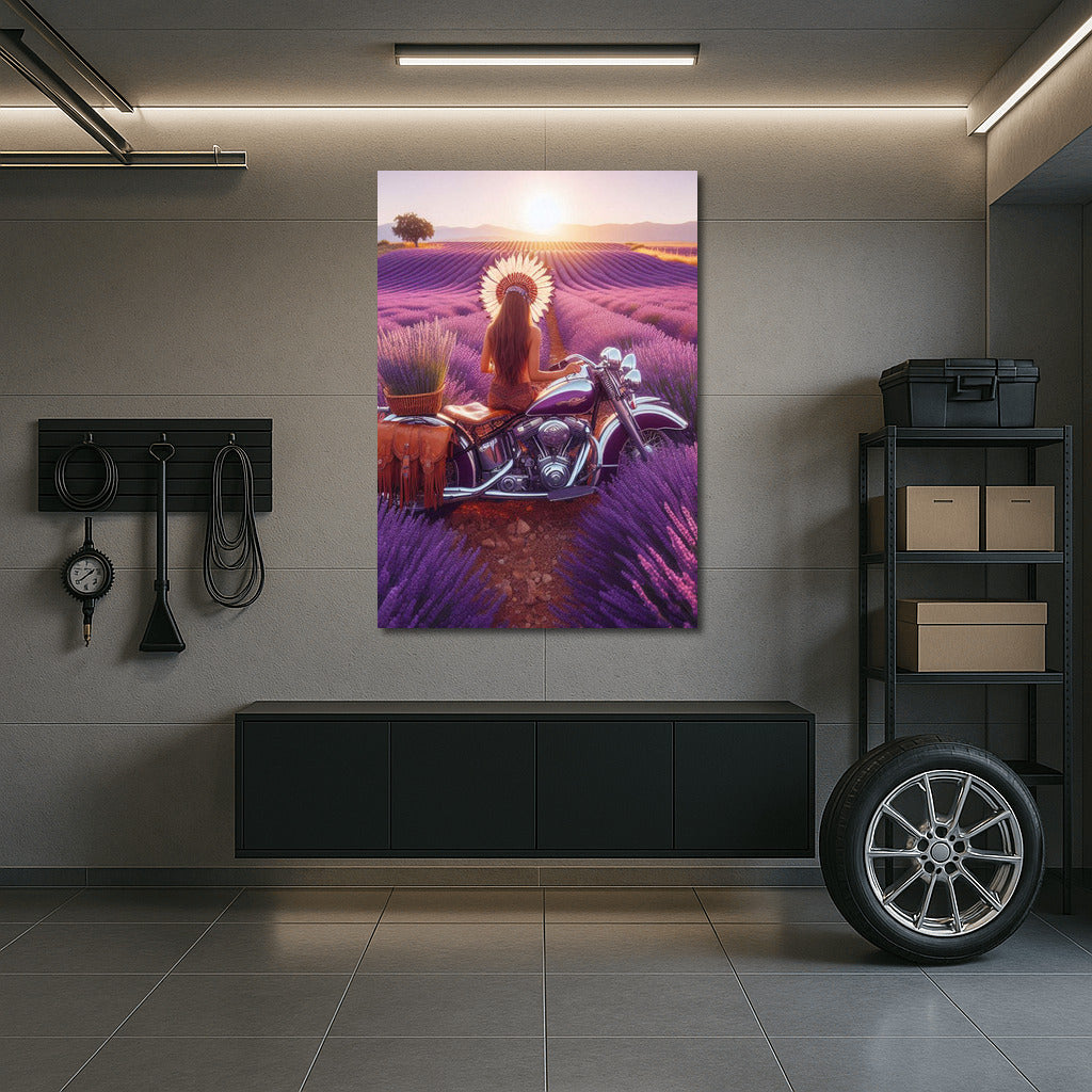 Lavender Horizons: Indian Motorcycle in Blooming Fields