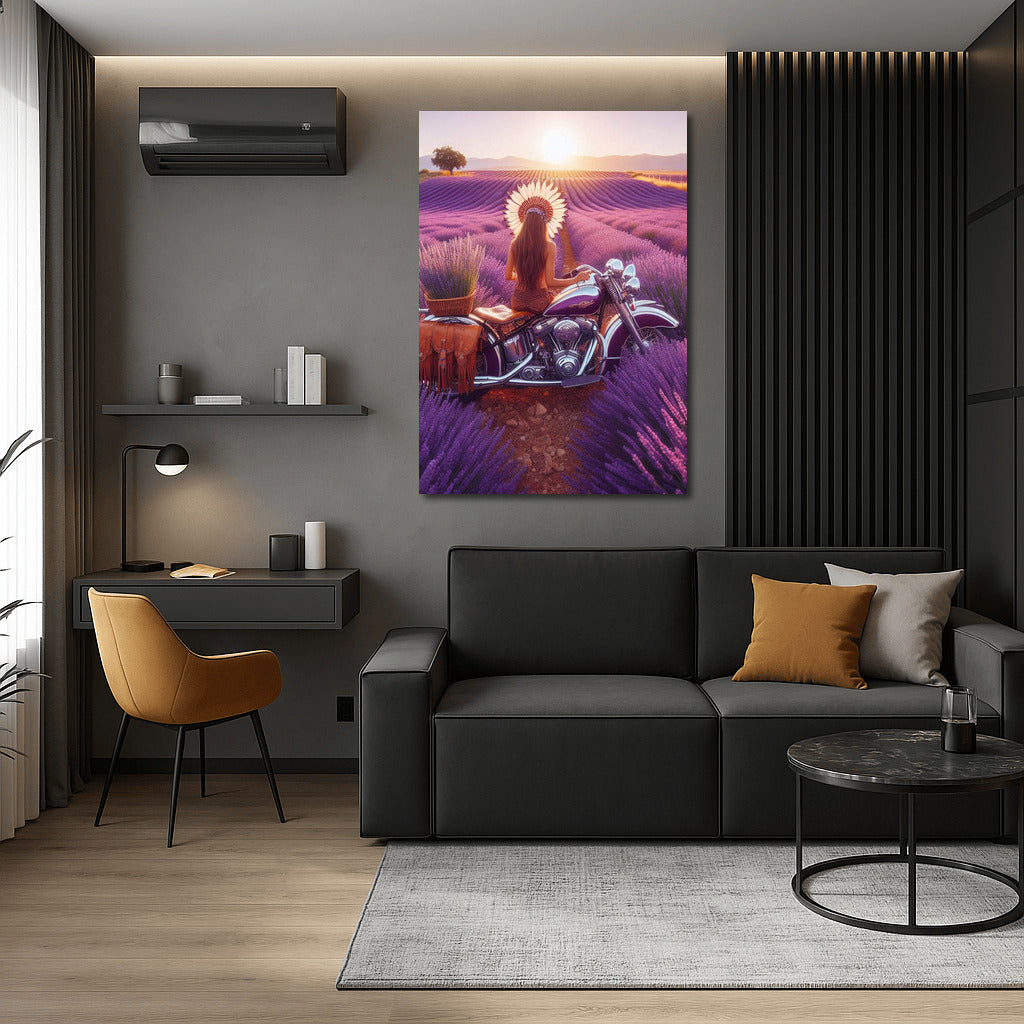 Lavender Horizons: Indian Motorcycle in Blooming Fields