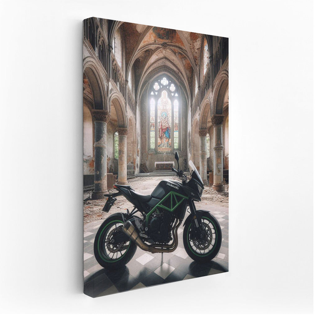 Kawasaki in the Shadow of the Forgotten Church: Motorcycle in the Abandoned Temple