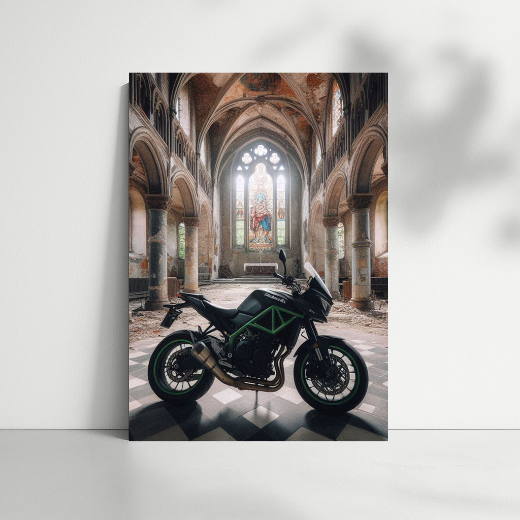 Kawasaki in the Shadow of the Forgotten Church: Motorcycle in the Abandoned Temple