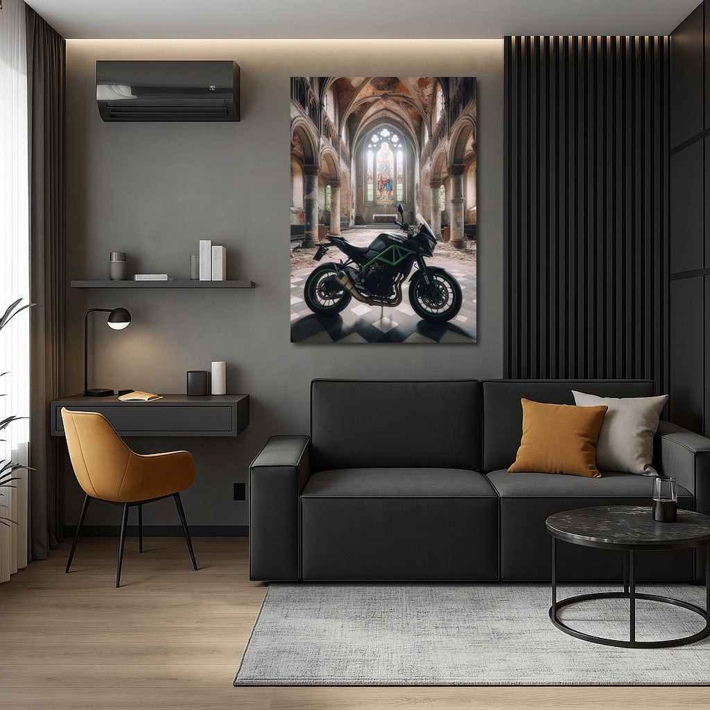 Kawasaki in the Shadow of the Forgotten Church: Motorcycle in the Abandoned Temple