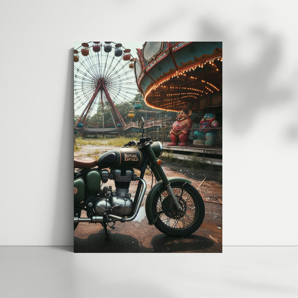 Royal Enfield at Forgotten Amusement Park: Fairground Lights Nostalgia