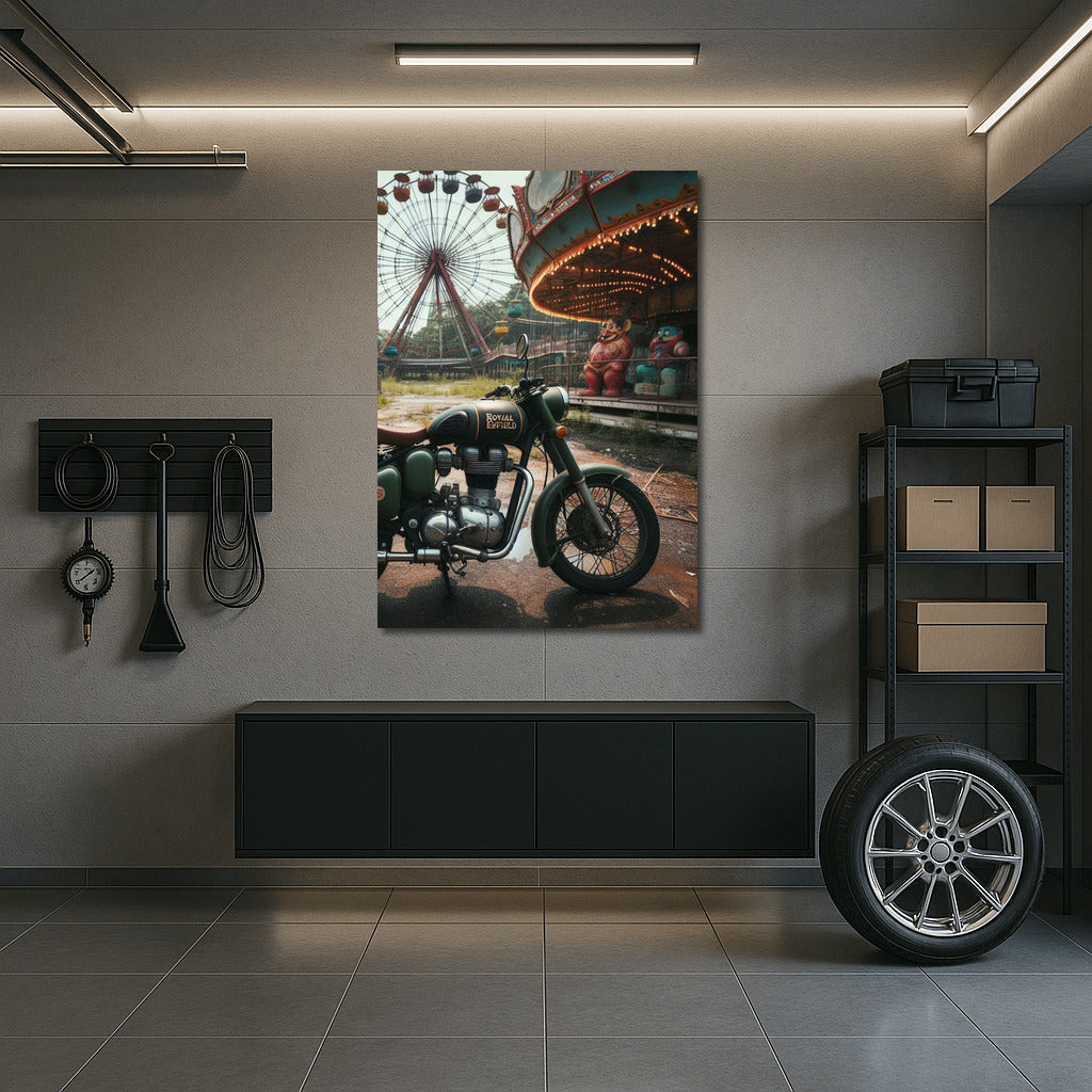 Royal Enfield at Forgotten Amusement Park: Fairground Lights Nostalgia