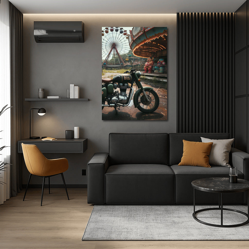 Royal Enfield at Forgotten Amusement Park: Fairground Lights Nostalgia