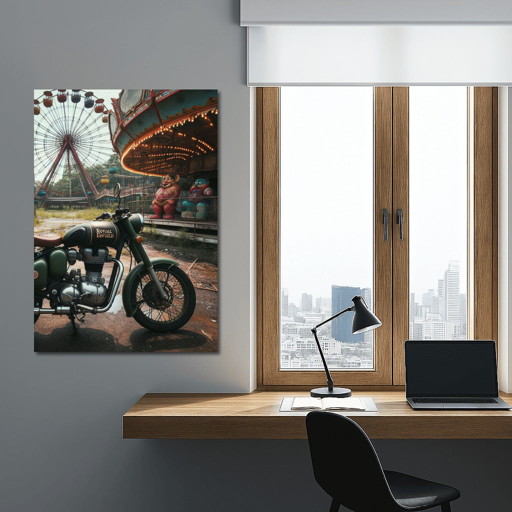 Royal Enfield at Forgotten Amusement Park: Fairground Lights Nostalgia