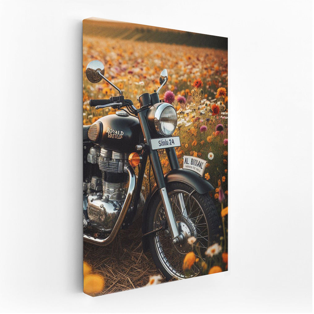 Freedom on a Royal Enfield among flowering fields