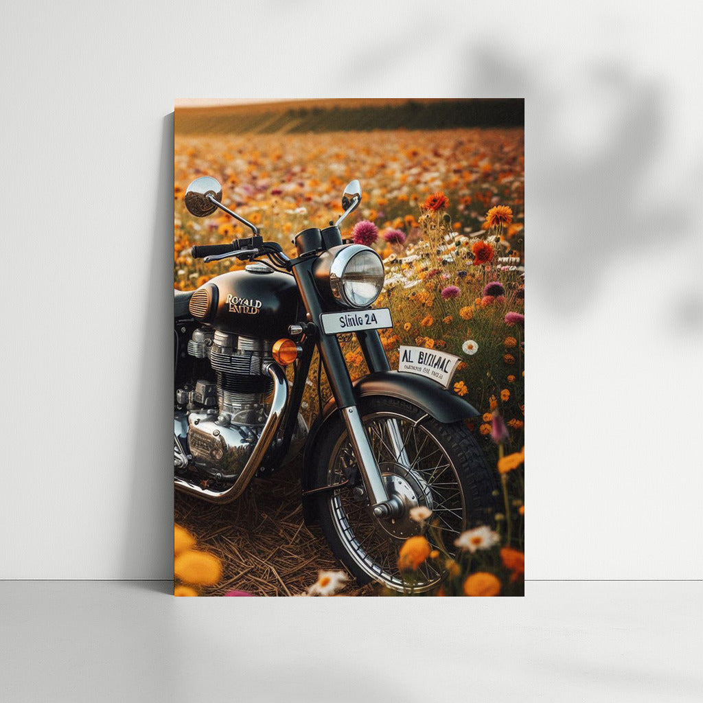 Freedom on a Royal Enfield among flowering fields