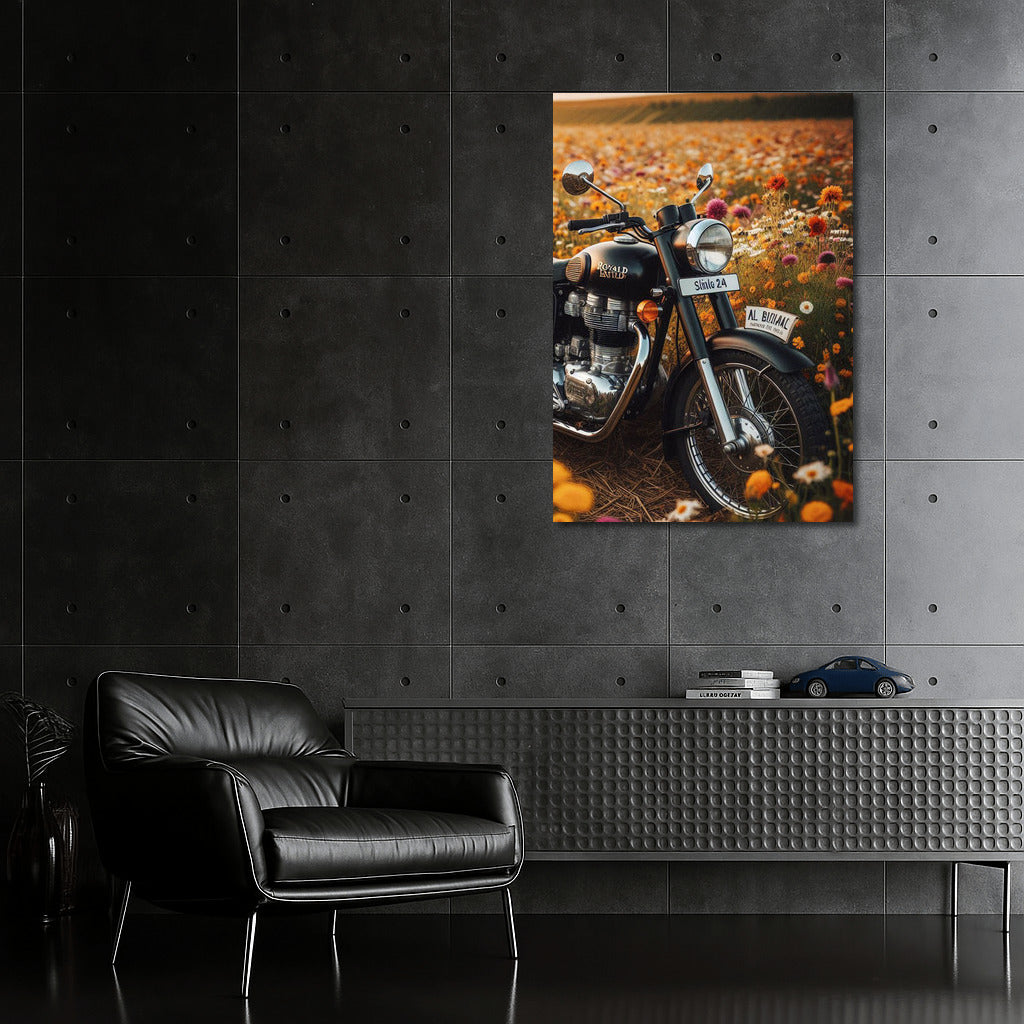 Freedom on a Royal Enfield among flowering fields