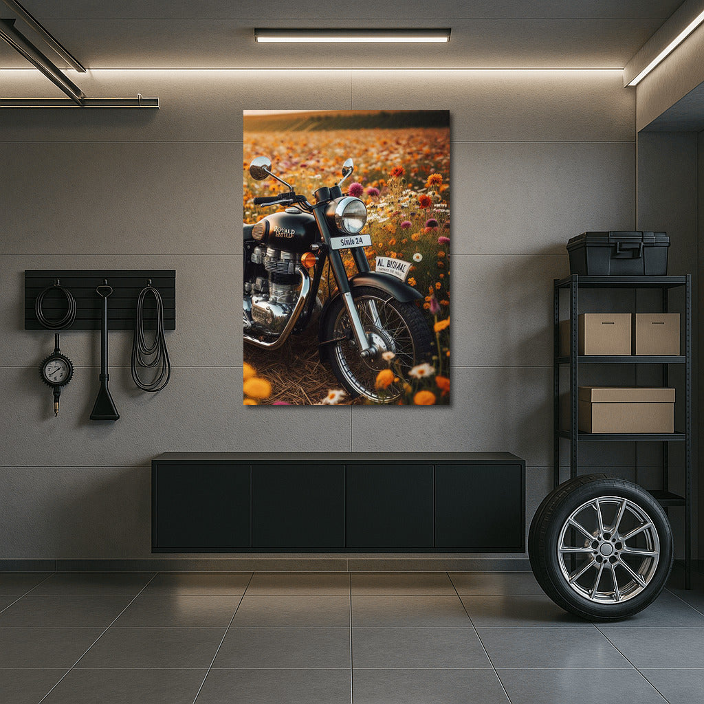 Freedom on a Royal Enfield among flowering fields