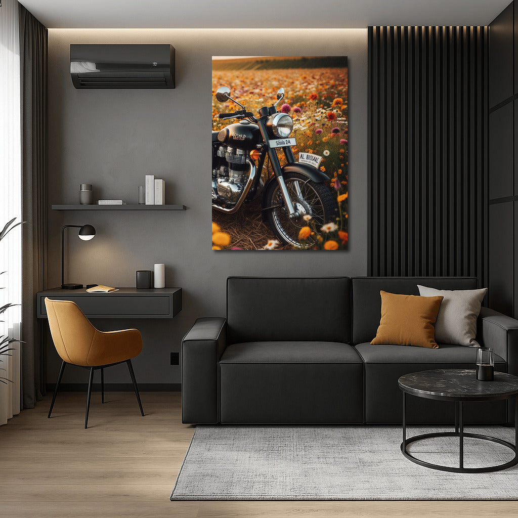 Freedom on a Royal Enfield among flowering fields