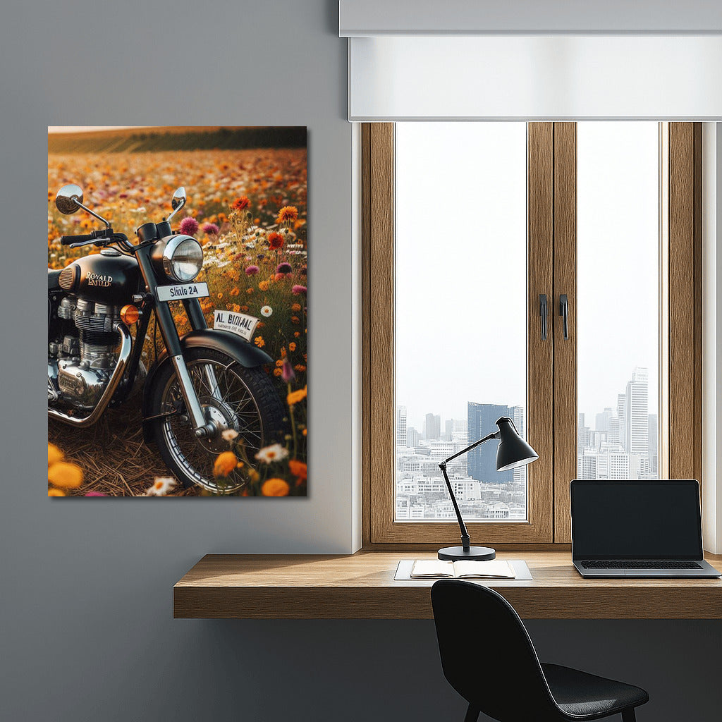 Freedom on a Royal Enfield among flowering fields