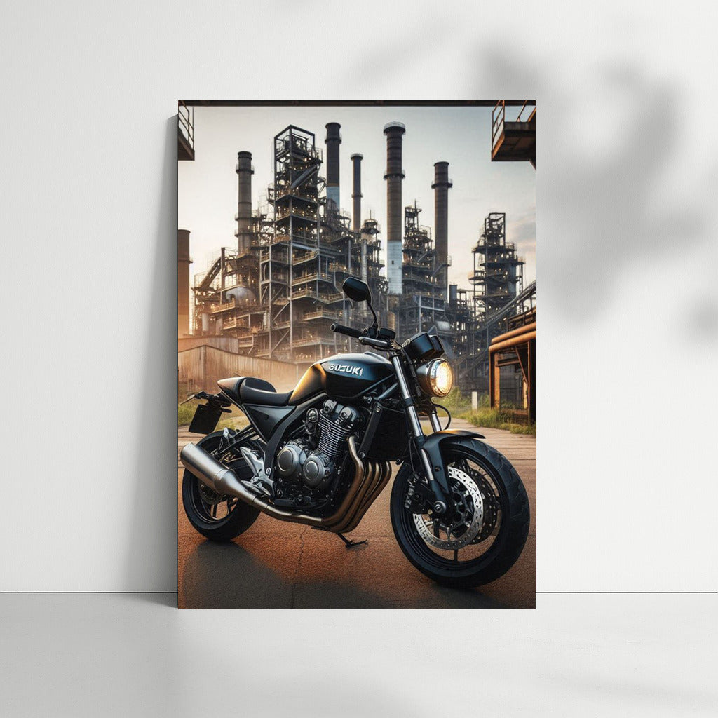 Freedom on Wheels: Suzuki Motorcycle in Industrial Landscape