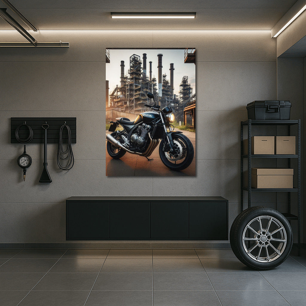 Freedom on Wheels: Suzuki Motorcycle in Industrial Landscape