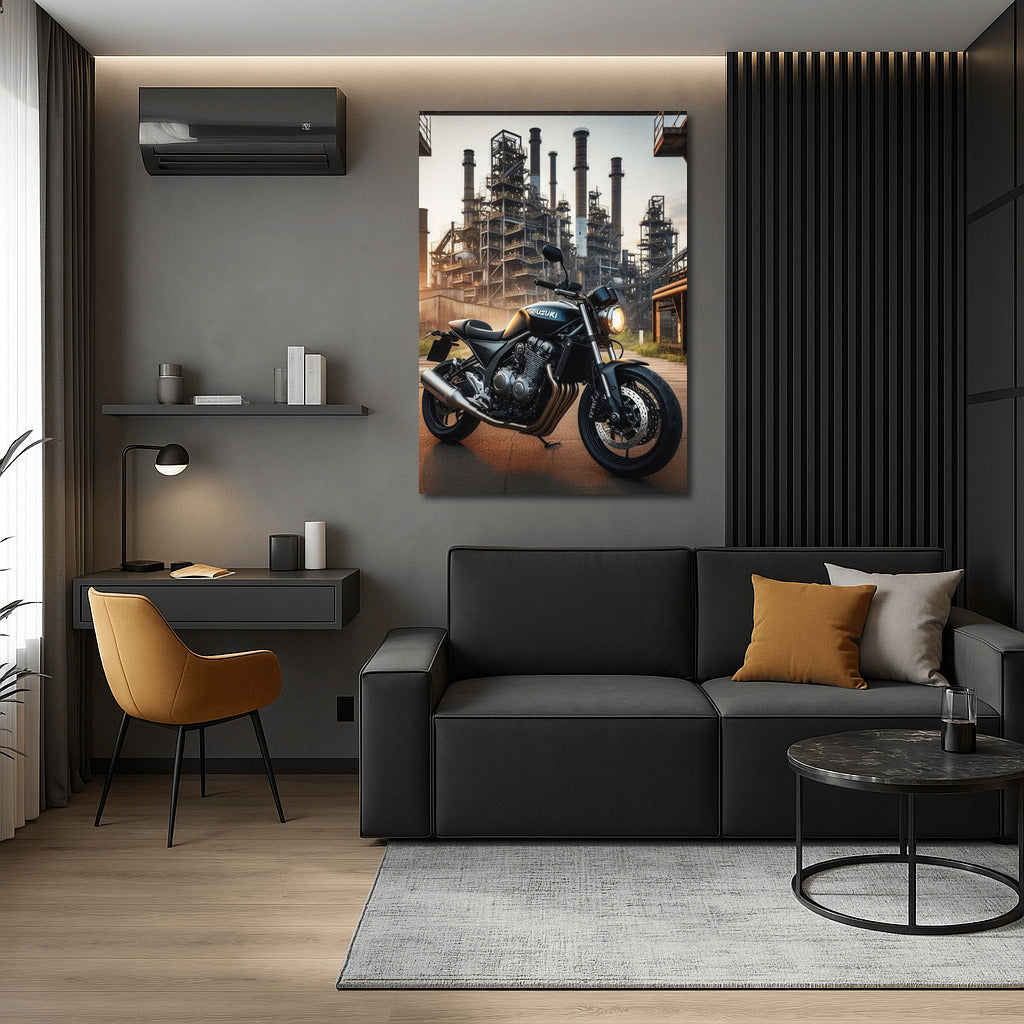 Freedom on Wheels: Suzuki Motorcycle in Industrial Landscape