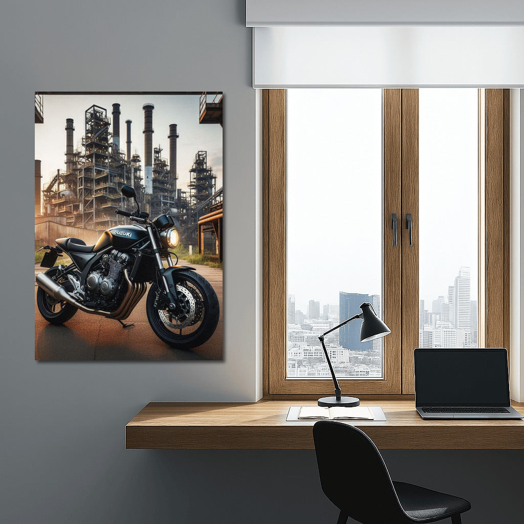 Freedom on Wheels: Suzuki Motorcycle in Industrial Landscape