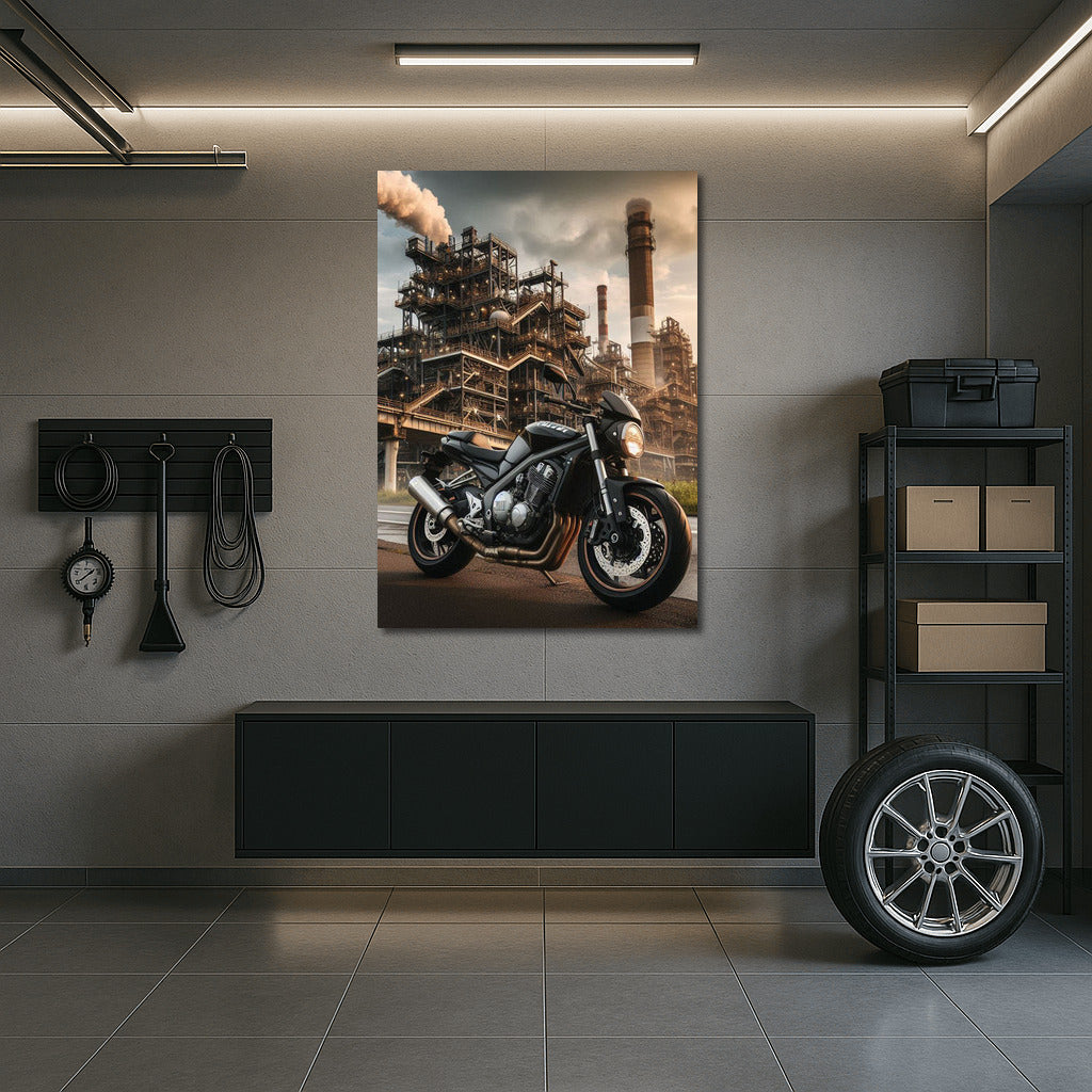 Power and Style: Suzuki Motorcycle Against Industrial Zone
