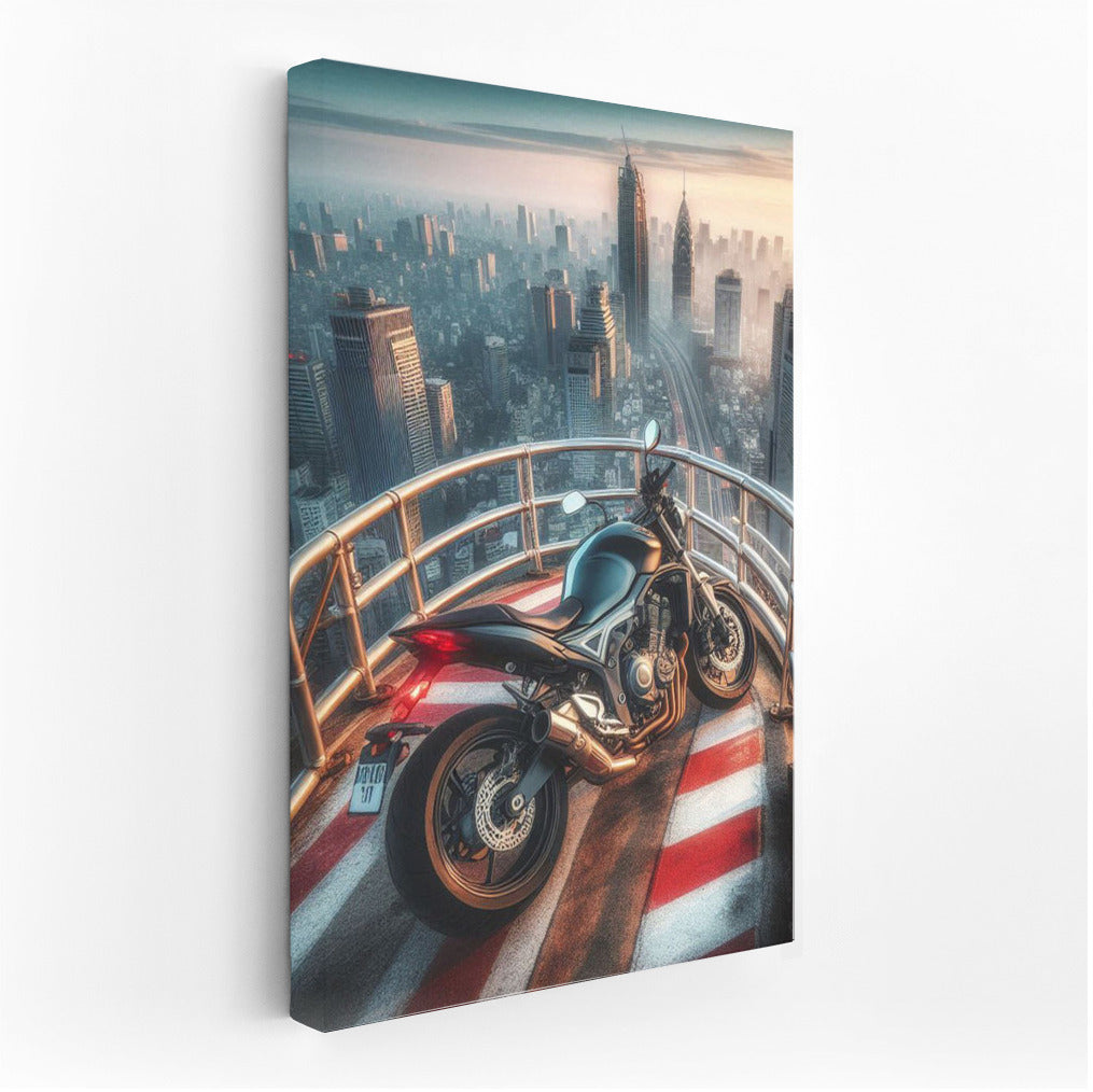 Floating Suzuki: Motorcycle on Top of a Skyscraper