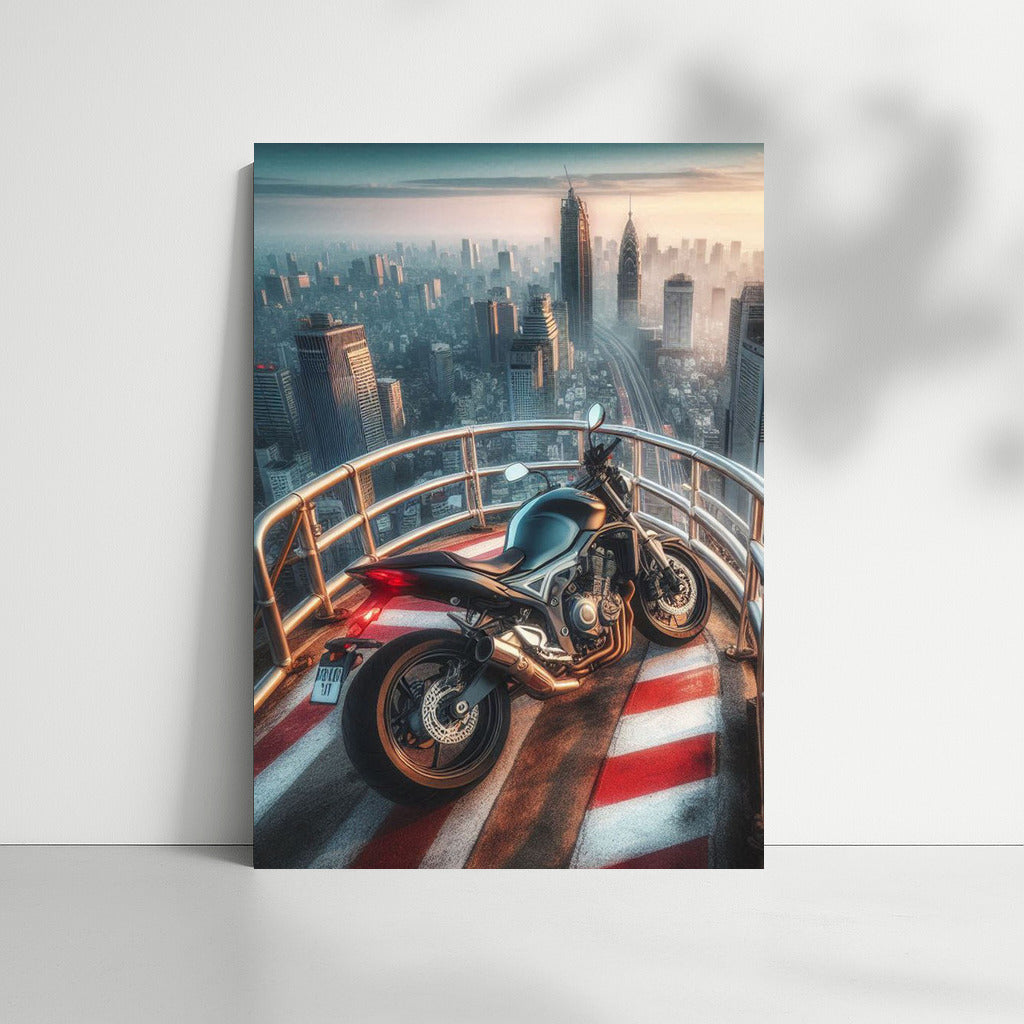 Floating Suzuki: Motorcycle on Top of a Skyscraper