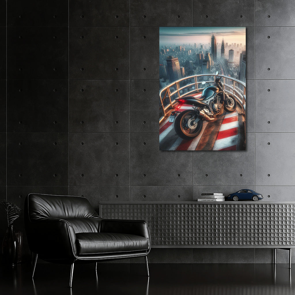 Floating Suzuki: Motorcycle on Top of a Skyscraper