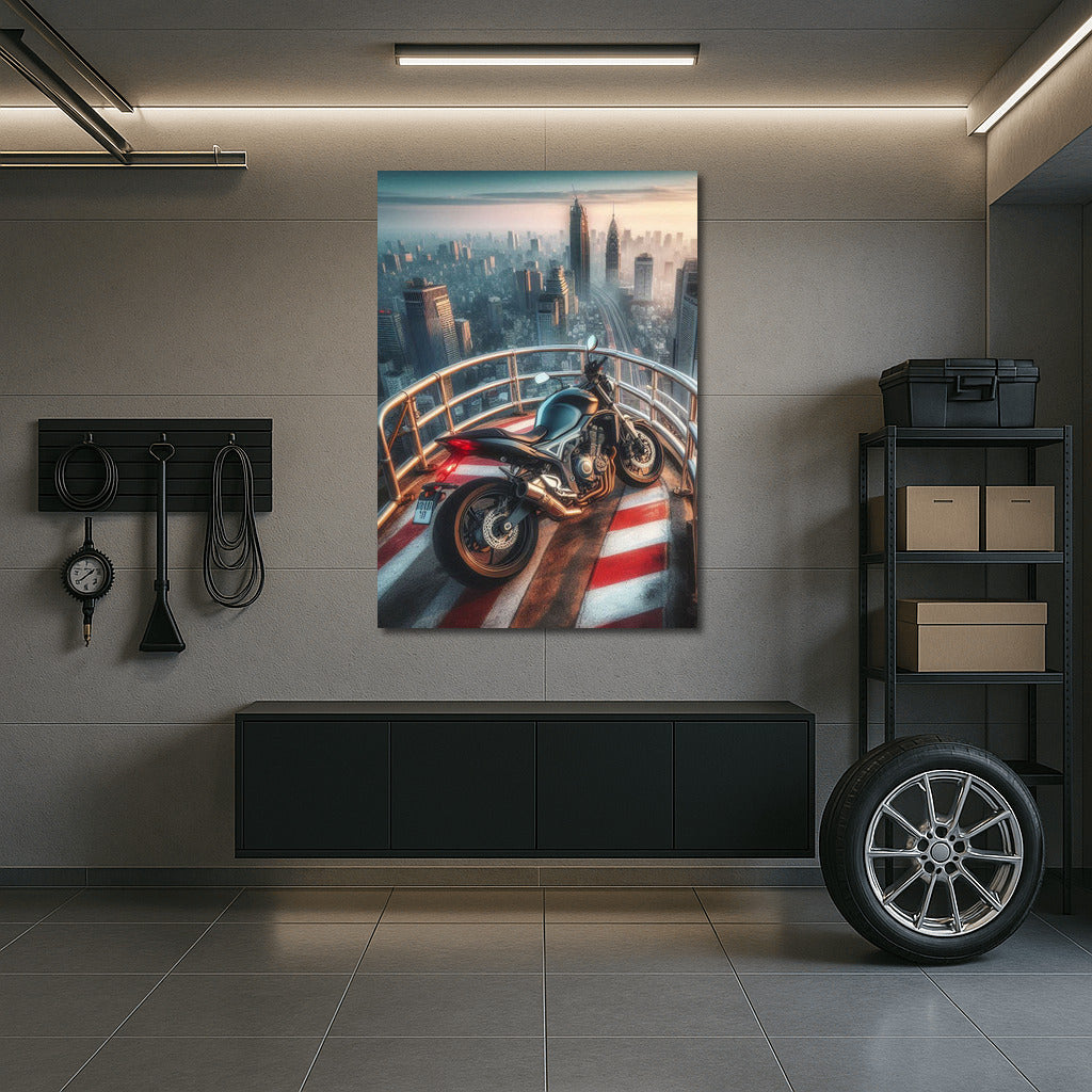 Floating Suzuki: Motorcycle on Top of a Skyscraper