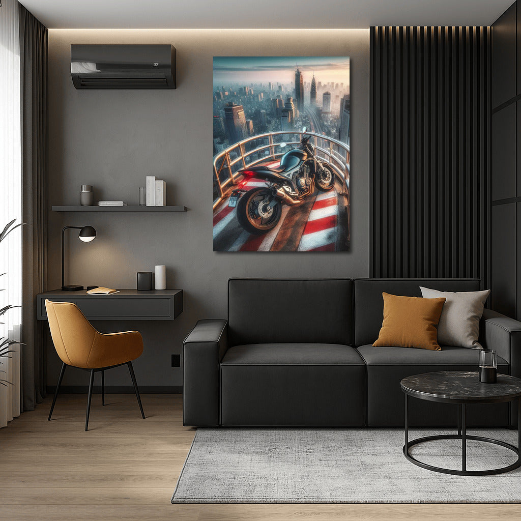 Floating Suzuki: Motorcycle on Top of a Skyscraper