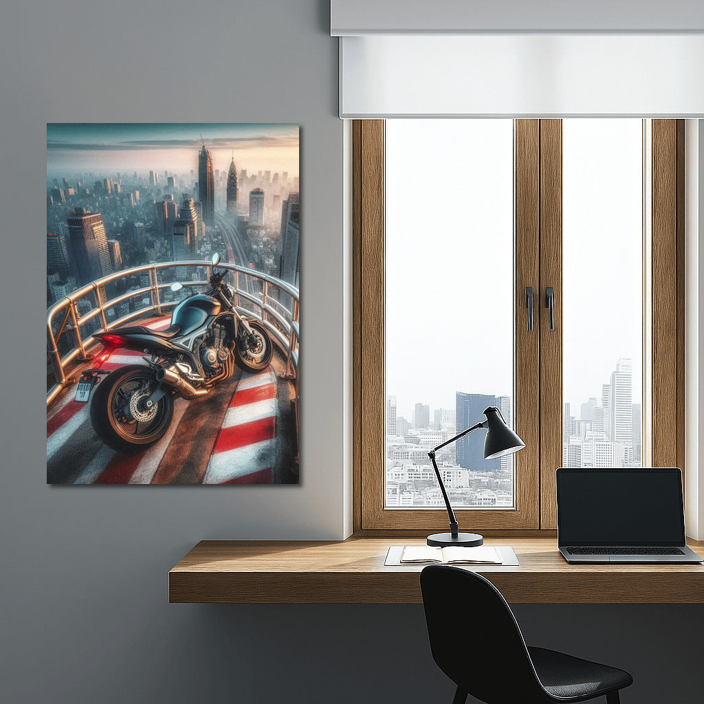 Floating Suzuki: Motorcycle on Top of a Skyscraper