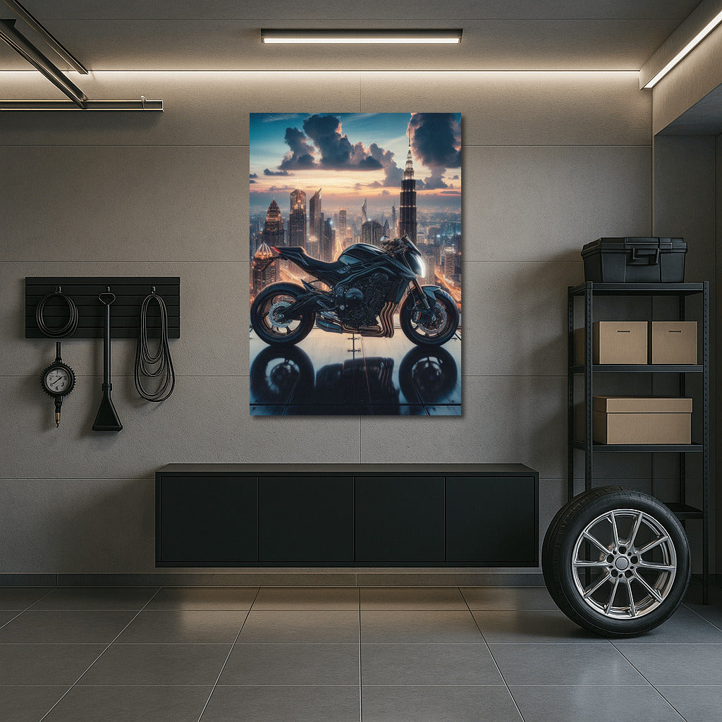 Suzuki on Top: Motorcycle in the Skyscraper Glow