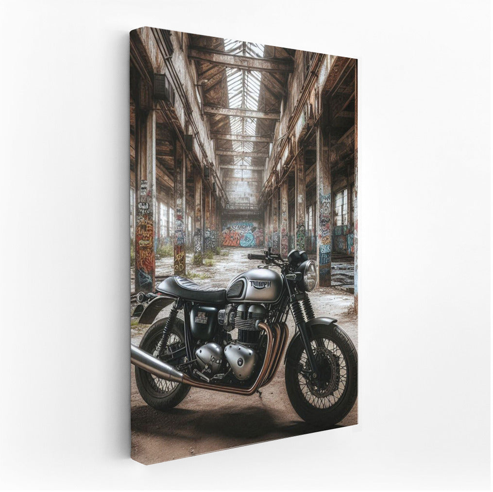 Triumph Motorcycle in Abandoned Warehouse: Adventure in Style