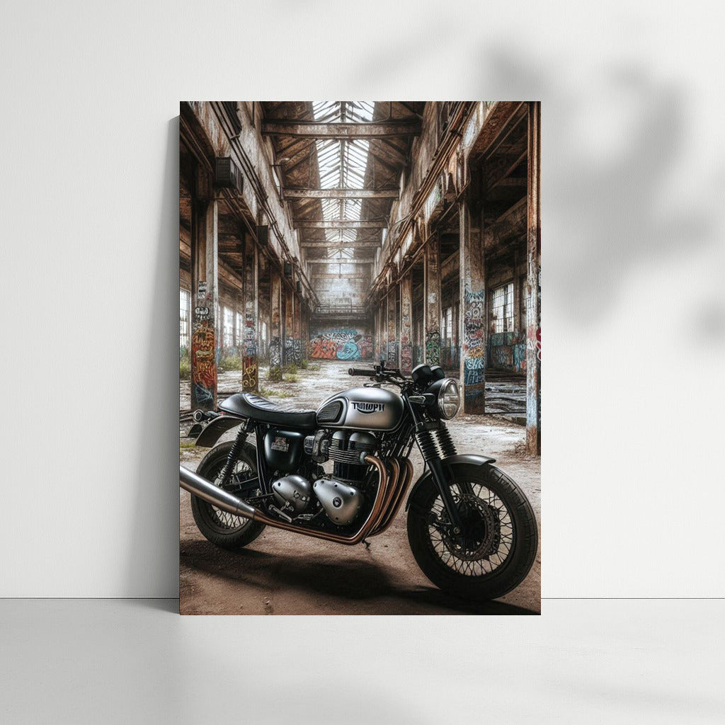 Triumph Motorcycle in Abandoned Warehouse: Adventure in Style