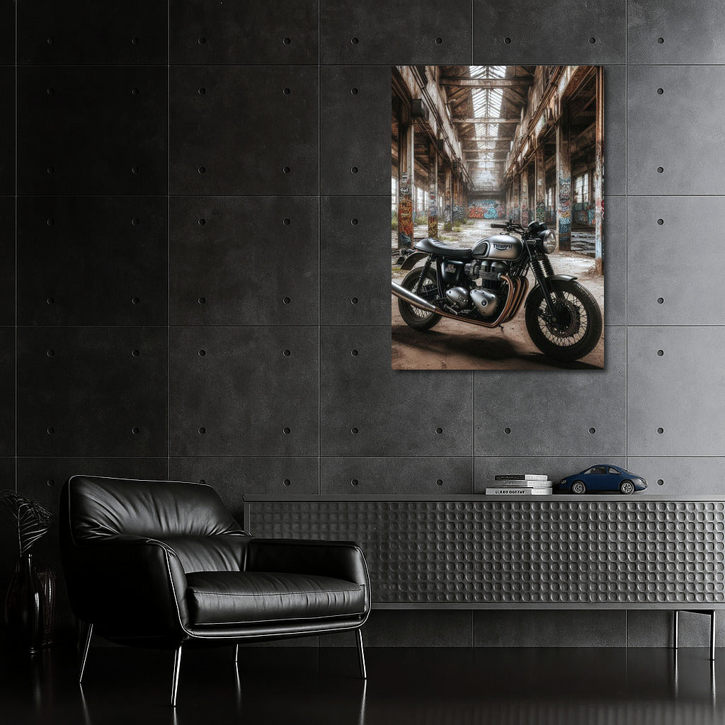 Triumph Motorcycle in Abandoned Warehouse: Adventure in Style
