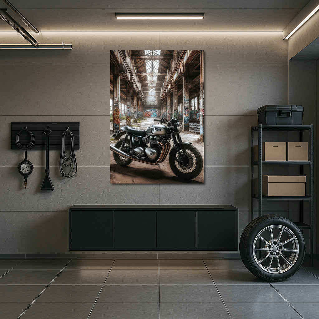 Triumph Motorcycle in Abandoned Warehouse: Adventure in Style