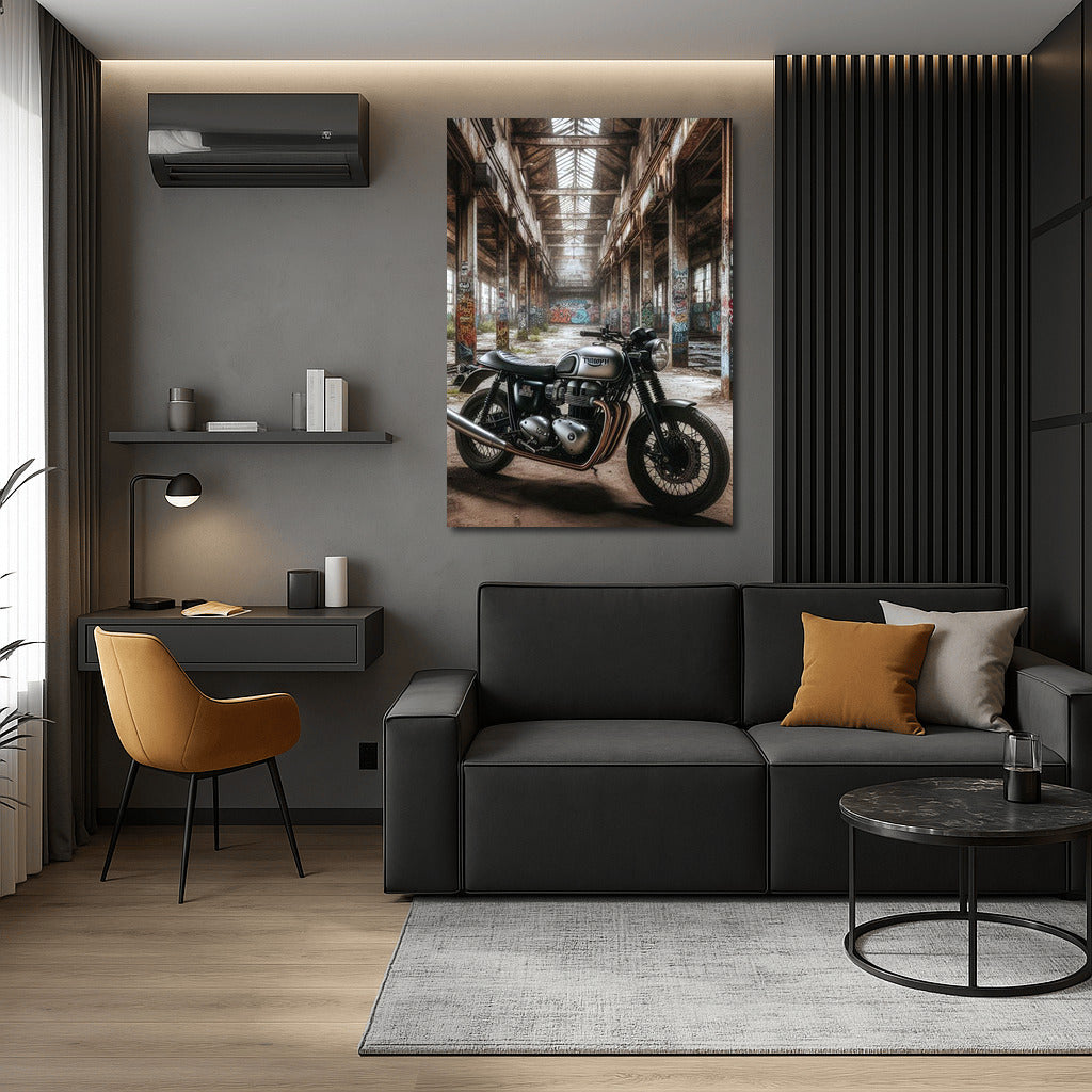 Triumph Motorcycle in Abandoned Warehouse: Adventure in Style