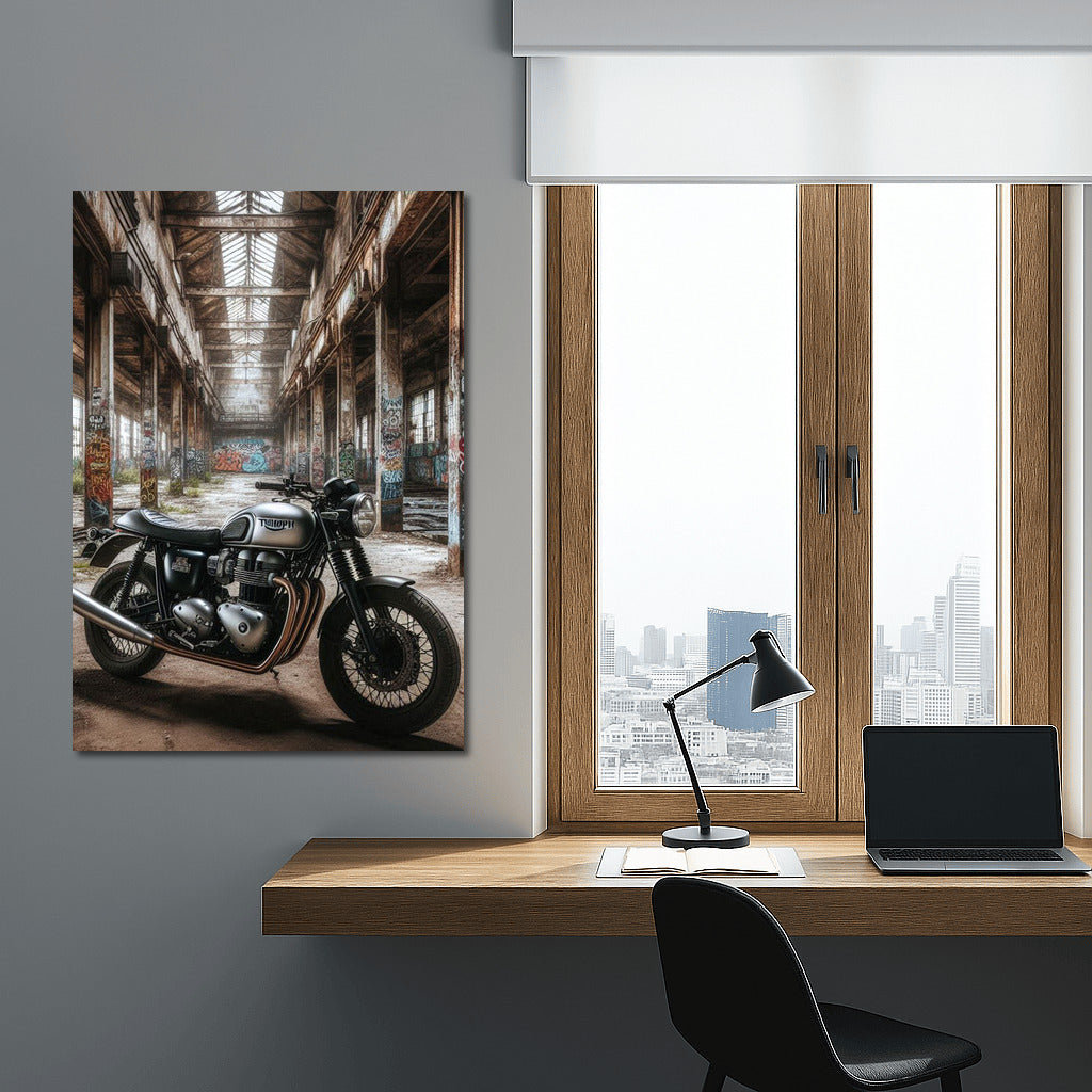 Triumph Motorcycle in Abandoned Warehouse: Adventure in Style
