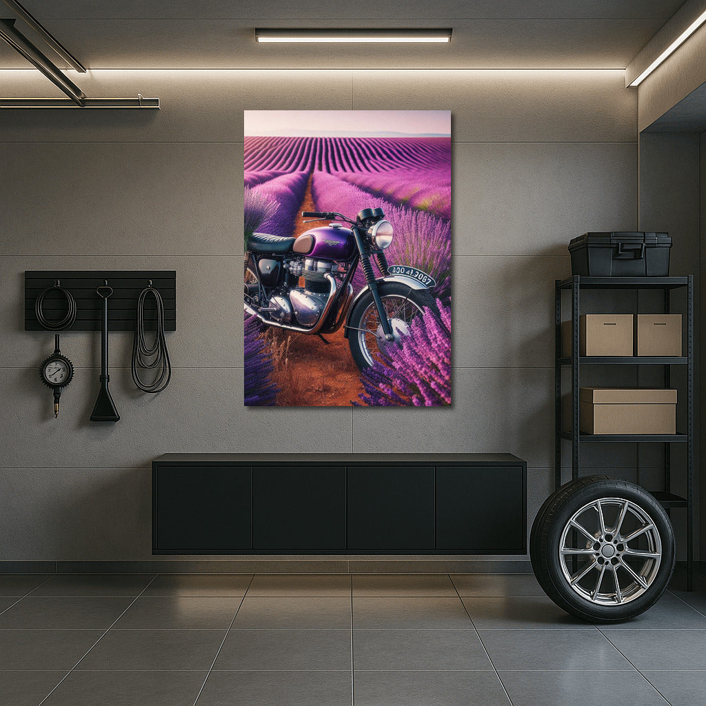 Triumph in Lavender Fields: Motorcycle and Nature in Harmony