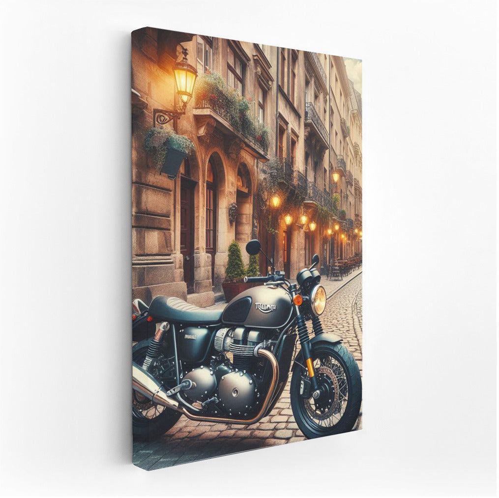 Triumph in the European Vortex: Vintage Motorcycle on Historic Streets