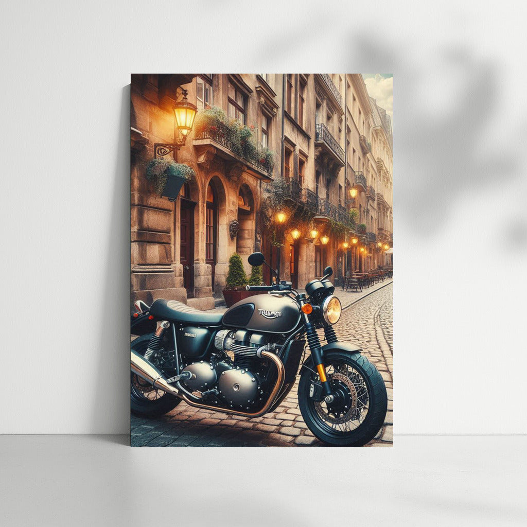 Triumph in the European Vortex: Vintage Motorcycle on Historic Streets