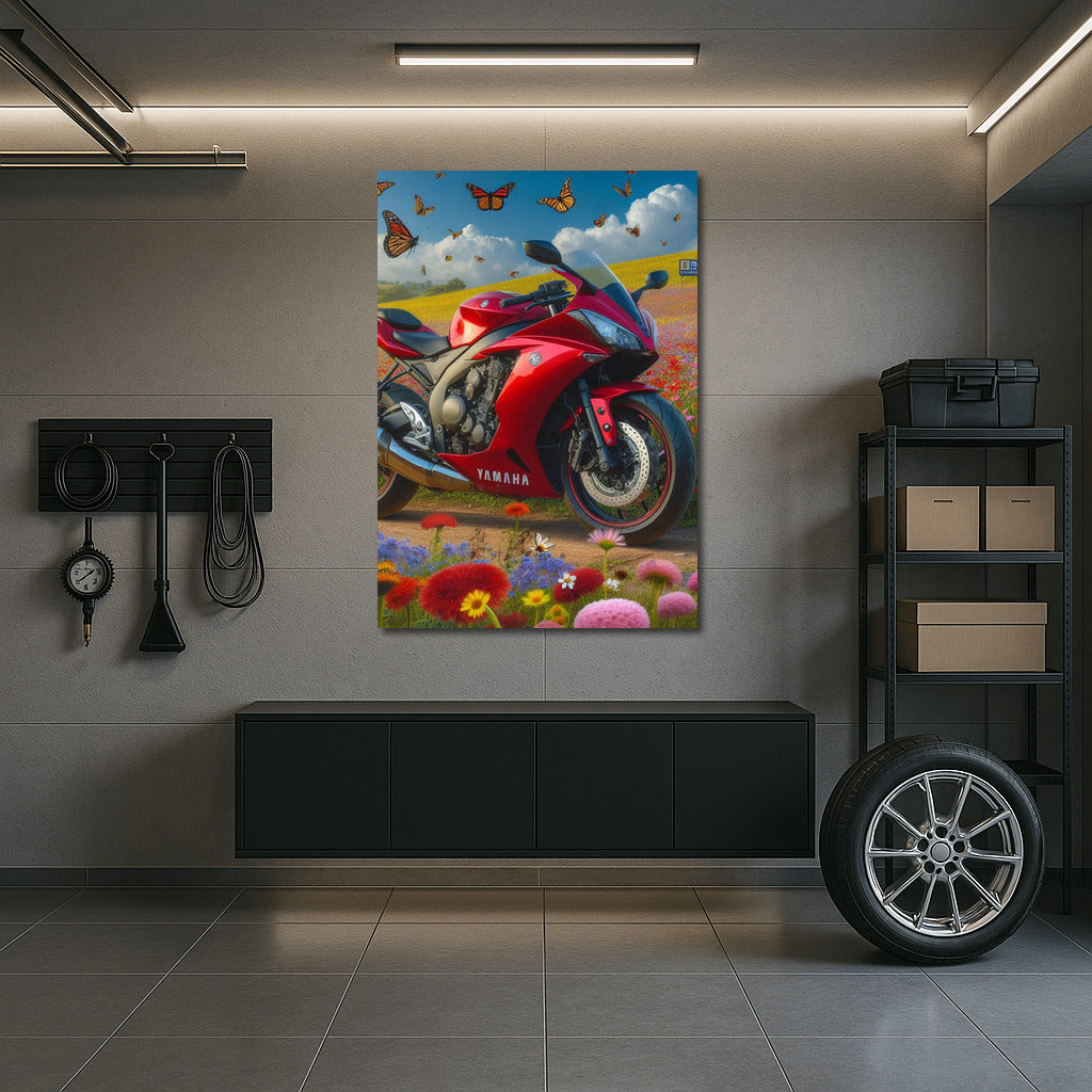 Yamaha in Flower Field: Dynamics and Nature with Fluttering Butterflies