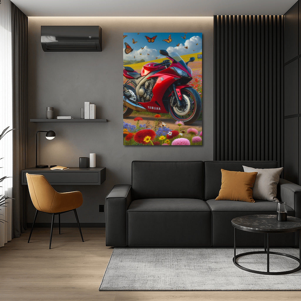 Yamaha in Flower Field: Dynamics and Nature with Fluttering Butterflies